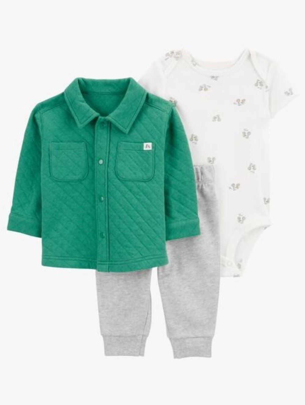 Carter's Green Quilted Jacket, White Bodysuit & Gray Jogger 3-Piece Set
